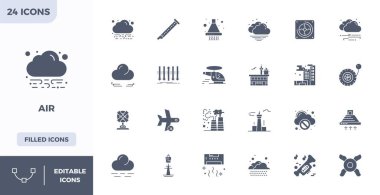 Hava etrafında tasarlanmış 24 vektör simgesi, 128x128 PIXEL modern tasarım ihtiyaçları için mükemmel hassasiyetle doldurulmuş..