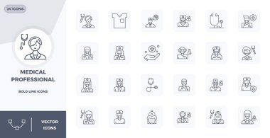 Bold Line 'daki 24 vektör simgesinden oluşan dinamik bir set. Dijital ürünler için mükemmel kalitede 128x128 PIXEL ile Tıp Profesyoneli için tasarlandı..