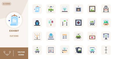 Düz formatta sergiyi temsil eden 24 vektör simgesinin yer aldığı stratejik paket, profesyonel iş akışları için mükemmel kalitede 128x128 PIXEL ile optimize edildi.