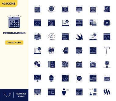 42 vektör simgesinin yer aldığı stratejik paket Dolu biçiminde programlamayı temsil ediyor, profesyonel iş akışları için mükemmel kalitede 128x128 PIXEL ile optimize edilmiş.