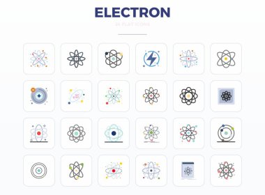 Elektron etrafında temalı 24 vektör simgesinden oluşan geleceğe hazır paket, 128x128 PIXEL yenilikçi kullanıcı arayüzleri için mükemmel berraklığa sahip Minimal Flat tasarımı sergileniyor.