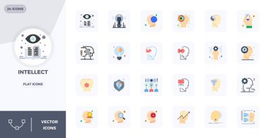 Düz dizaynlı 24 128x128 vektör ikonundan oluşan küratörlü paket, PIXEL mükemmel berraklığa sahip entelektüel kavramlara odaklı..