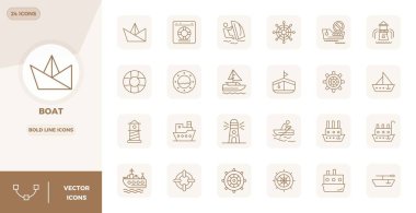 Tasarımlarınızı, Tekne etrafındaki 24 kalın çizgi vektör simgesi ile değiştirin, 128x128 PIXEL mükemmel çözünürlükte maksimum berraklık için tasarlandı.
