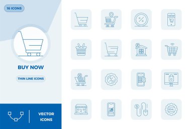 Slim Line estetik alanında Buy Now için 16 vektör simgesi, 128x128 PIXEL kusursuz kullanıcı deneyimleri için çözünürlük.