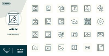 Kalın Çizgili Estetik Albüm için 24 vektör simgesinden oluşan, 128x128 PIXEL kusursuz çözünürlük sorunsuz kullanıcı deneyimleri için.