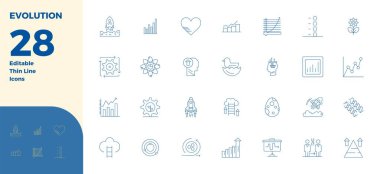 Mükemmel dengelenmiş 28 İnce Hat PIXEL Evrim için mükemmel vektör simgeleri, dijital tasarım projelerinde uyumlu entegrasyon için 128x128 boyutlarında.