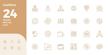 Cashflow çevresinde 24 vektör simgesinden oluşan tam paket, modern arayüzler için mükemmel kalitede 128x128 PIXEL Bold Line tasarımı sergileniyor.