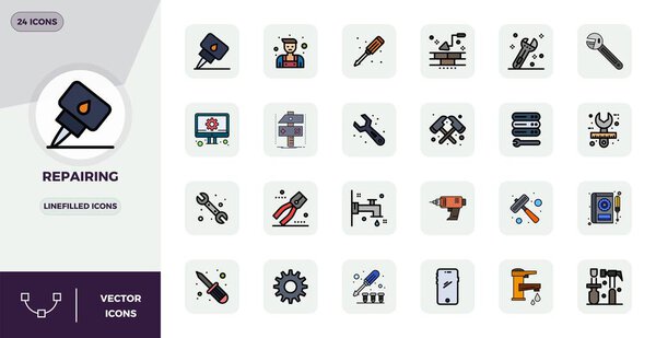 State-of-the-art bundle featuring 24 PIXEL perfect vector icons inspired by Repairing, created in Lineal Filled Flat format at 128x128 for next-generation interfaces.