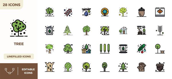 Революционный набор из 28 идеальных векторных значков PIXEL, вдохновленных деревом, созданный в формате Lineal Color Filled с разрешением 128x128 для передового дизайна.