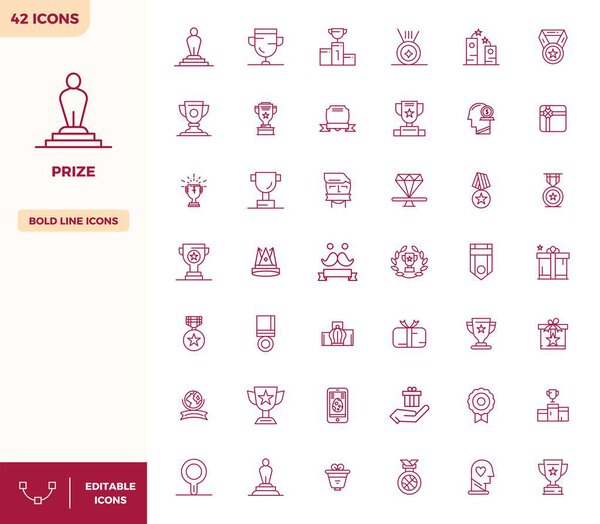 Тщательно созданные 42 векторных иконки Heavy Line для приза, поставленные в 128x128 PIXEL идеальное качество для бескомпромиссных стандартов дизайна.
