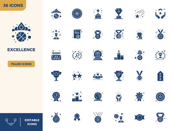 Стратегический пакет с 36 векторными значками, представляющими совершенство в заполненном формате, оптимизированный с 128x128 PIXEL идеальное качество для профессиональных рабочих процессов.