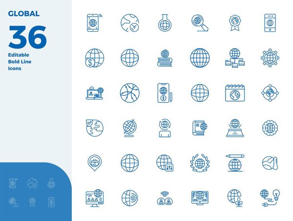 A clean collection of 36 Bold Line vector icons representing Global, designed in 128x128 PIXEL perfect format for modern dashboards and interfaces.