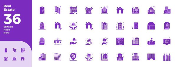 Эксклюзивная коллекция из 36 векторных часов Black Filled для Real Estate, разработанных с идеальным разрешением 128x128 пикселей для премиальных брендов.