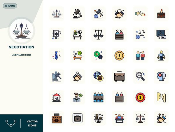 Полный пакет из 36 векторных иконок на тему переговоров, демонстрирующий дизайн LineFilled в 128x128 PIXEL идеальное качество для современных интерфейсов.