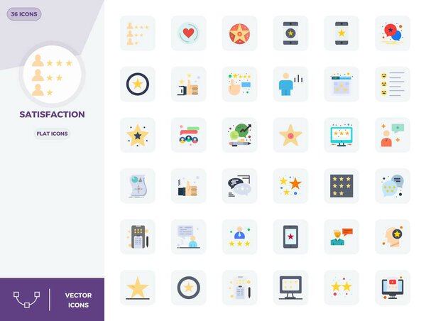 Revolutionary set of 36 PIXEL perfect vector icons inspired by Satisfaction, created in Flat format at 128x128 resolution for cutting-edge design.