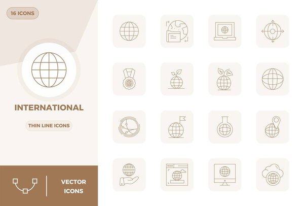 Strategic bundle featuring 16 vector icons representing International in Thin Line format, optimized with 128x128 PIXEL perfect quality for professional workflows.