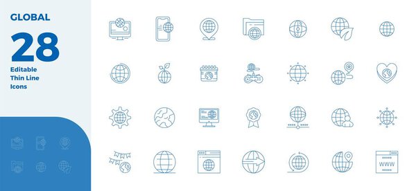 Innovative pack of 28 vector icons themed around Global, showcasing Thin Line design in 128x128 PIXEL perfect format for modern digital solutions.