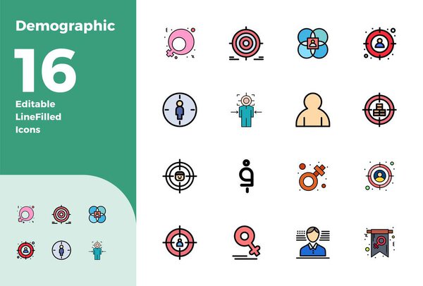 Комплексный набор инструментов из 16 векторных иконок на тему демографии, разработанный в Colorful Line Filled с 128x128 PIXEL идеальной точностью для универсального проектирования.