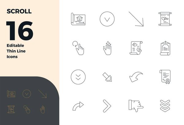 Революционный набор из 16 PIXEL идеальных векторных иконок, вдохновленных Scroll, созданный в формате Thin Line с разрешением 128x128 для передового дизайна.