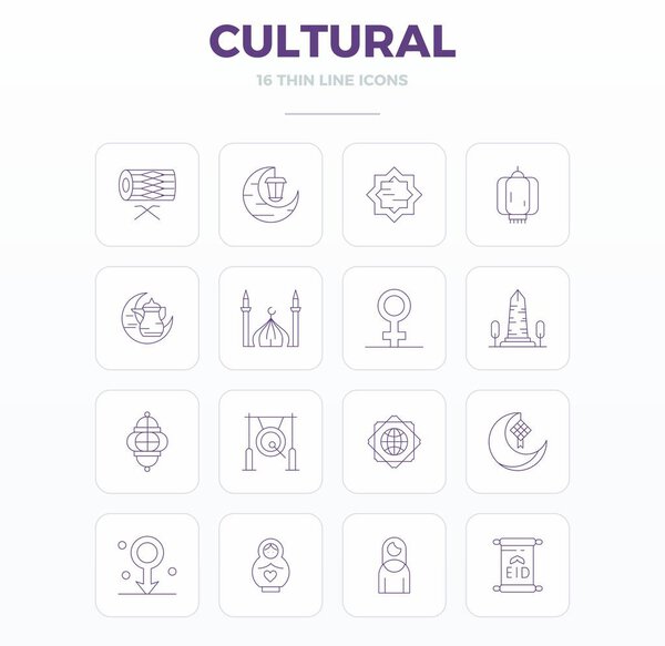 Инновационный пакет из 16 векторных иконок на тему Культура, демонстрирующий тонкий набросок дизайна в 128x128 PIXEL идеальный формат для современных цифровых решений.