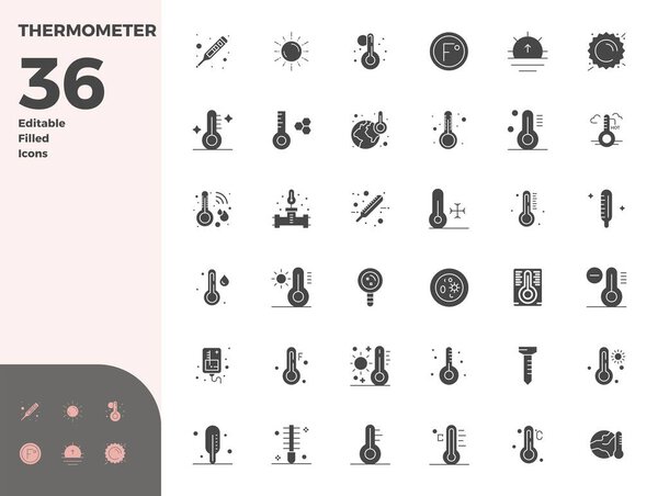 Универсальный набор из 36 Glyph заполненные PIXEL идеальные векторные иконки сосредоточены на термометре, поставляется в четком формате 128x128 идеально подходит для мобильных и веб-приложений.