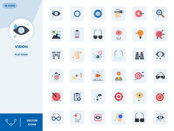 This Vision vector icon pack includes 36 Flat designs in 128x128 PIXEL perfect format, perfect for enhancing digital interfaces.