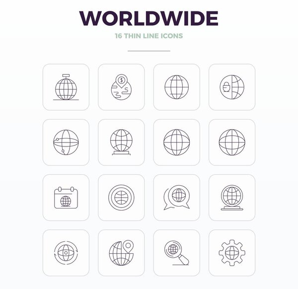Полный пакет из 16 векторных иконок тематика вокруг по всему миру, демонстрируя тонкий Контур дизайн в 128x128 PIXEL идеальное качество для современных интерфейсов.