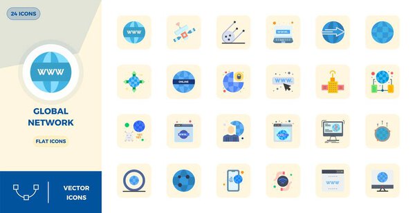 Complete package of 24 vector icons themed around Global Network, showcasing Flat design in 128x128 PIXEL perfect quality for modern interfaces.