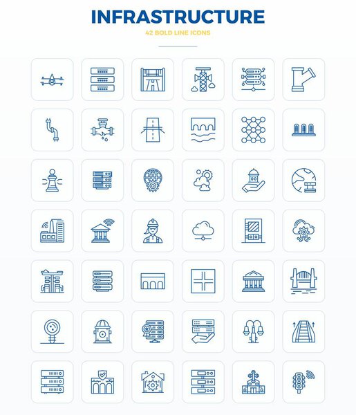 Улучшайте свои проекты с помощью 42 векторных иконок Strong Outline вокруг Инфраструктуры, с идеальным разрешением 128x128 PIXEL для чистых и профессиональных проектов.