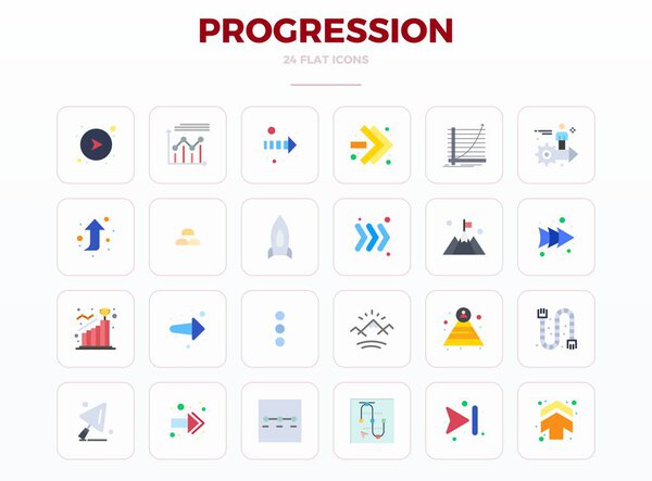 Пакет векторных иконок Progression включает в себя 24 варианта плоского дизайна в идеальном формате 128х128 пикселей, идеально подходящем для улучшения цифровых интерфейсов.