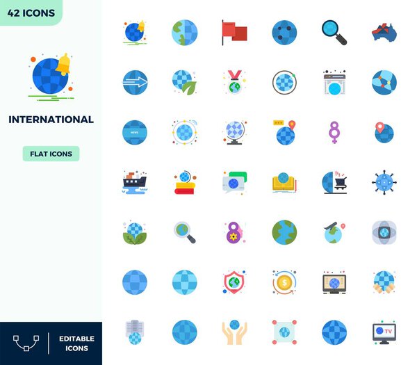 A versatile set of 42 Flat Color PIXEL perfect vector icons focused on International, delivered in crisp 128x128 format ideal for mobile and web applications.