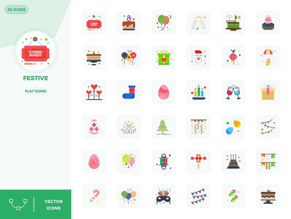 Thoughtfully designed 36 vector icons themed around Festive, crafted in Flat with 128x128 PIXEL perfect precision for contemporary design needs.