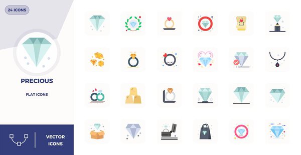 Чистая коллекция из 24 векторных иконок, представляющих Precious, разработанная в 128x128 PIXEL идеальном формате для современных панелей мониторинга и интерфейсов.