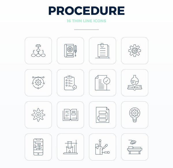 Эксклюзивная коллекция из 16 векторных иконок тонкого контура для процедуры, разработанная с разрешением 128x128 PIXEL для премиум бренда.