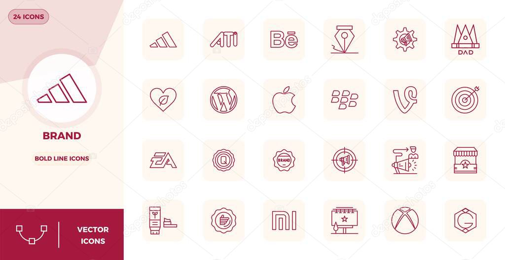 Collection of 24 Strong Line PIXEL perfect vector icons for Brand, designed in 128x128 format for clarity and versatility.