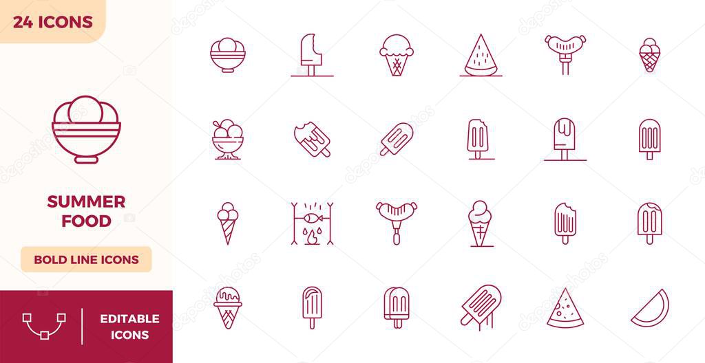 Contemporary collection of 24 vector icons representing Summer Food in Heavy Line aesthetic, featuring 128x128 PIXEL perfect resolution for modern application development.