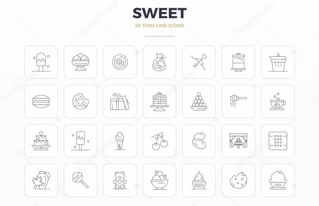 A dynamic set of 28 vector icons in Thin Outline, tailored for Sweet with 128x128 PIXEL perfect quality suited for digital products.