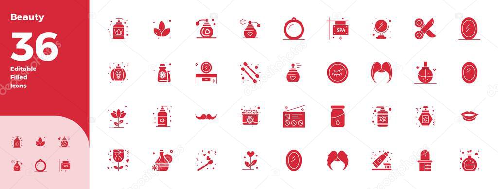 Professionally designed 36 vector icons in Black Filled, capturing the essence of Beauty with 128x128 PIXEL perfect precision for UI design.
