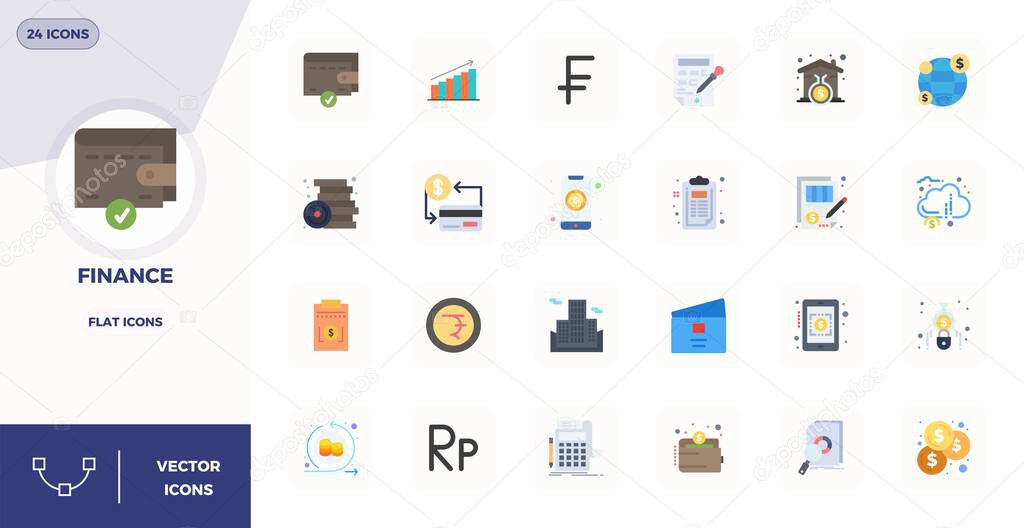 Comprehensive bundle featuring 24 vector icons in Flat design for Finance, delivered in crisp 128x128 PIXEL perfect quality.