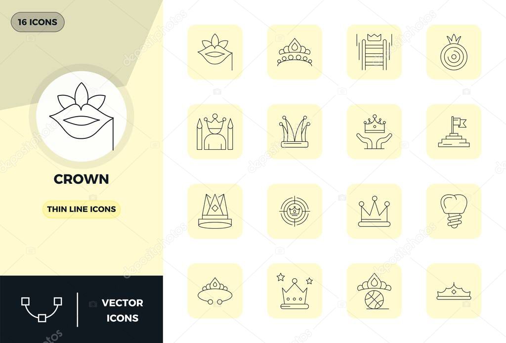 Meticulously crafted 16 Thin Line vector icons for Crown, delivered in 128x128 PIXEL perfect quality for uncompromising design standards.