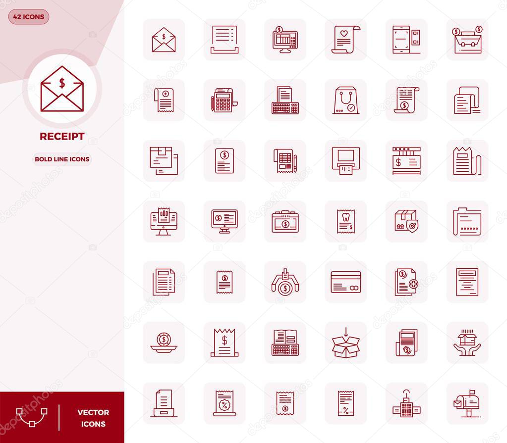 Revolutionary set of 42 PIXEL perfect vector icons inspired by Receipt, created in Bold Line format at 128x128 resolution for cutting-edge design.