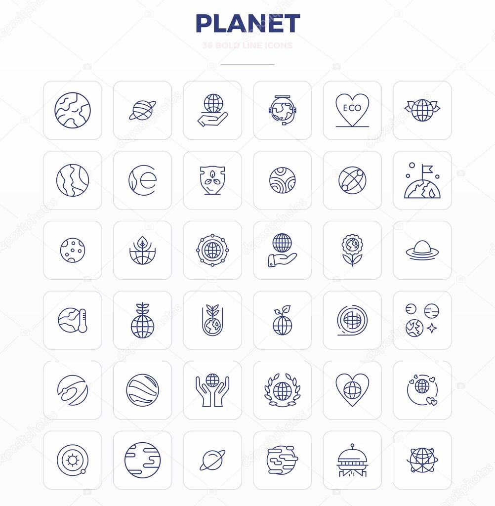 A versatile set of 36 Strong Outline PIXEL perfect vector icons focused on Planet, delivered in crisp 128x128 format ideal for mobile and web applications.