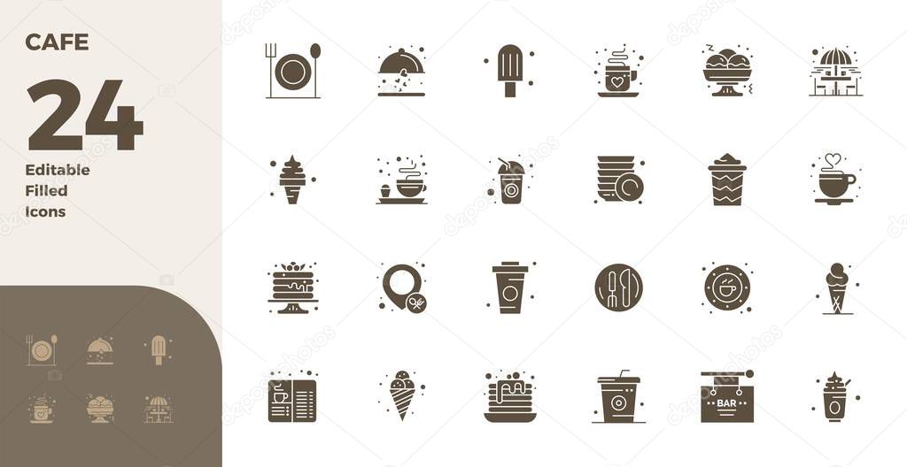 Distinctive pack of 24 PIXEL perfect vector icons inspired by Cafe, crafted in Glyph Filled format at 128x128 for memorable brand experiences.