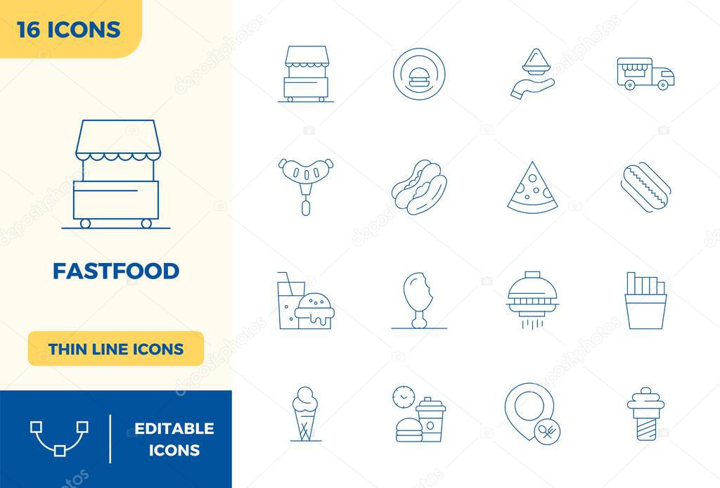 This Fastfood vector icon pack includes 16 Minimal Line designs in 128x128 PIXEL perfect format, perfect for enhancing digital interfaces.