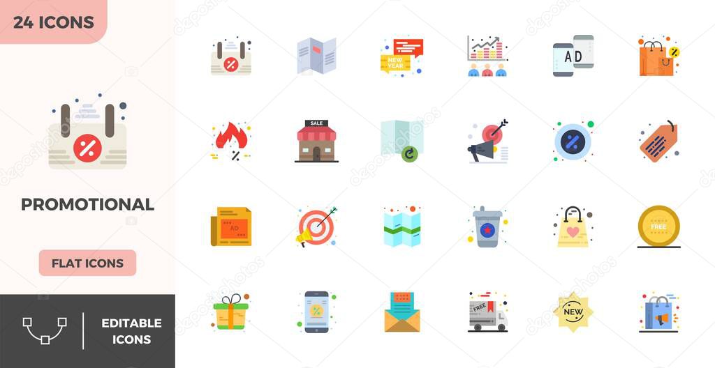 Professional-grade collection of 24 Flat Color vector icons representing Promotional, crafted with 128x128 PIXEL perfect precision for enterprise applications.