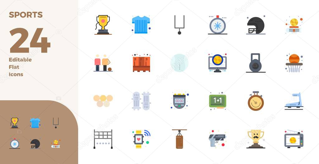 Vector pack with 24 Flat PIXEL perfect icons inspired by Sports, delivered in 128x128 resolution ideal for scalable and creative design work.