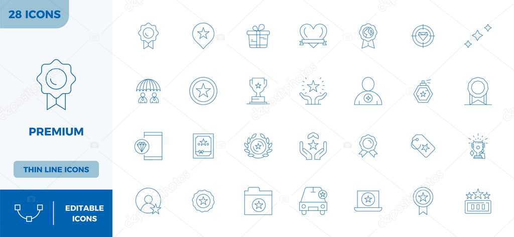 Innovative pack of 28 vector icons themed around Premium, showcasing Minimal Line design in 128x128 PIXEL perfect format for modern digital solutions.