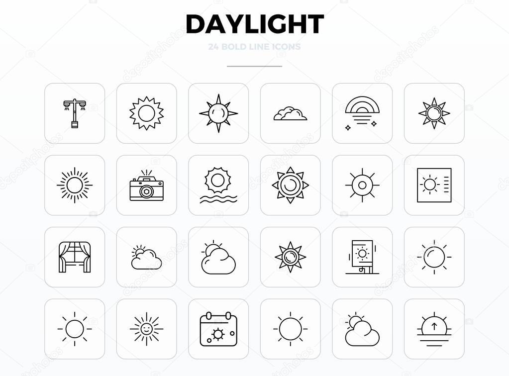 This Daylight vector icon pack includes 24 Strong Outline designs in 128x128 PIXEL perfect format, perfect for enhancing digital interfaces.