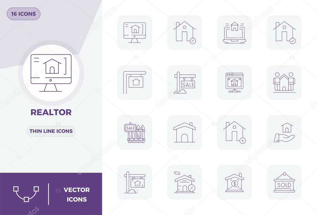 Handcrafted collection featuring 16 Thin Line vector icons for Realtor, optimized in 128x128 PIXEL perfect resolution for premium digital experiences.