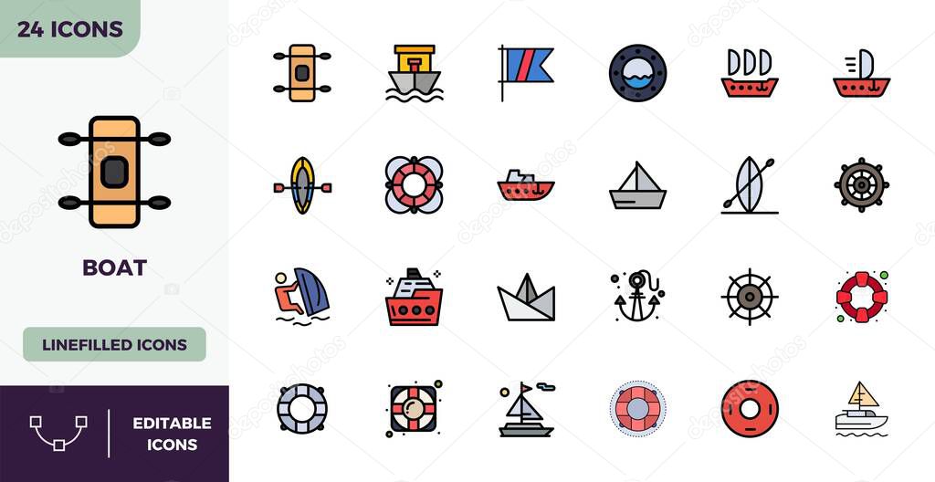 Exceptional collection of 24 Flat Lineal Color vector icons for Boat, delivered in 128x128 PIXEL perfect resolution for unparalleled visual excellence and usability.